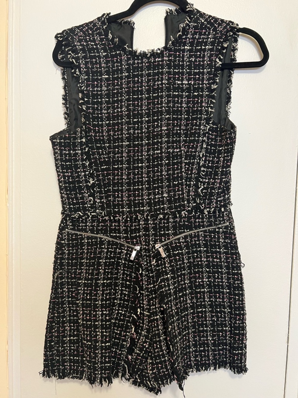 Zara Black and White Tweed Romper with Fringe Trim